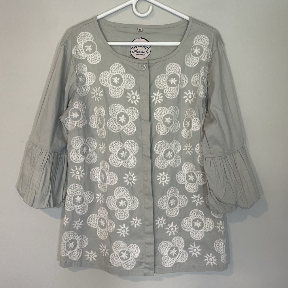 Almatrichi Madrid Spain Embroidered Blouse Green‎ Gray Size 46 / XL Button Front